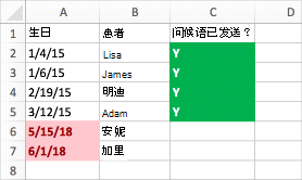 “条件格式”示例包含出生日期、名称和“已发送”列