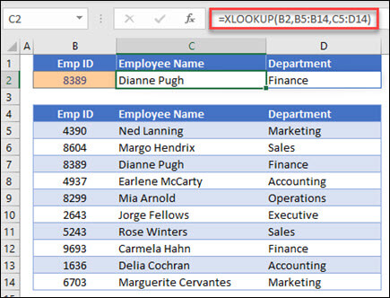 XLOOKUP 函数的示例，用于基于员工 ID 返回员工名称和部门。公式为：=XLOOKUP (B2，B5：B14，C5：D14,0,1) 