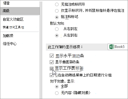 在 Excel 选项中显示工作表标签