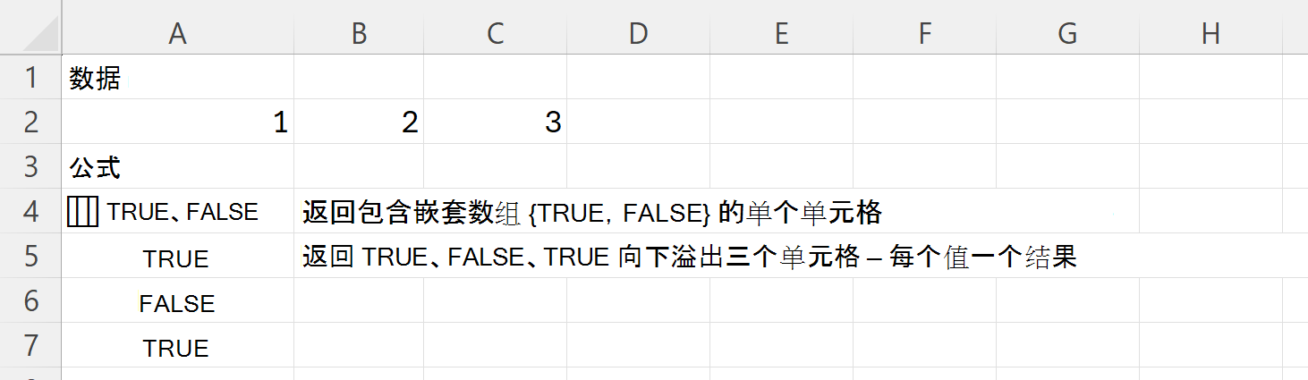 HAS 在单个嵌套数组单元格中返回 TRUE 和 FALSE，在三个单元格中返回 TRUE、FALSE、TRUE