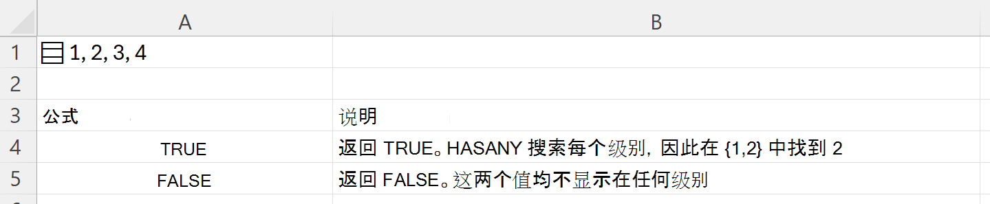 使用 HASANY 在存储在单个单元格中的嵌套数组内搜索
