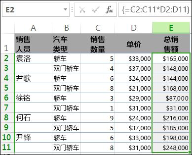 E 列总计是由数组公式计算的