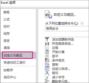 文件 > 选项 > 自定义功能区