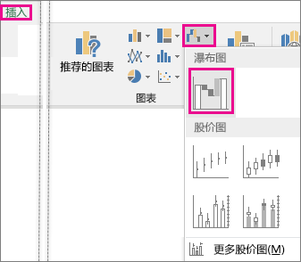 显示用于插入瀑布图的功能区命令的艺术作品