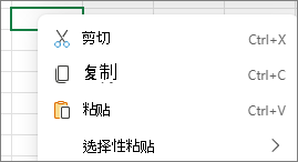 显示右键单击以查看剪切、复制、粘贴和选择性粘贴命令的屏幕截图。