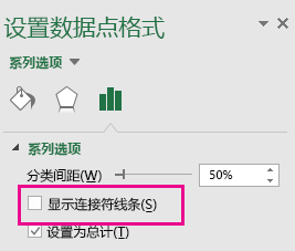 “设置数据点格式”任务窗格，在 Office 2016 中取消选中“显示连接线”框
