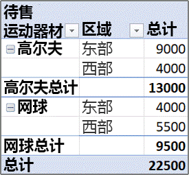 步骤 3，“体育”将成为行字段，如“区域”等