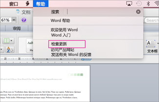 Office for Mac 菜单的屏幕截图