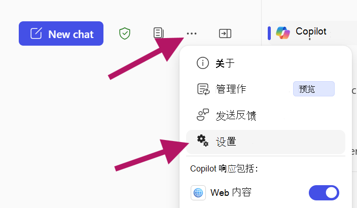 Copilot 聊天和更多菜单展开，箭头指向“设置”。