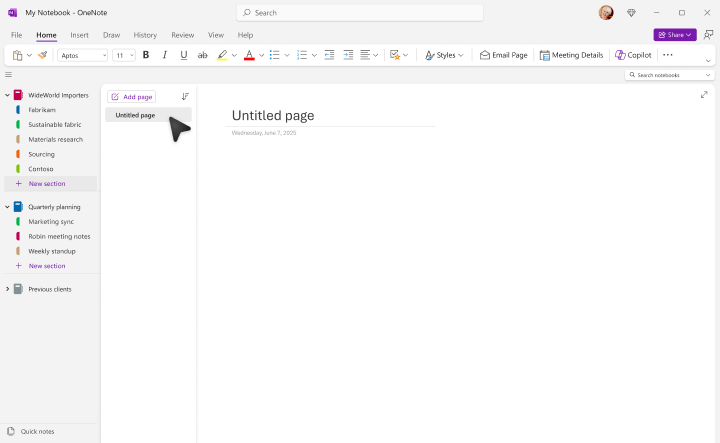 OneNote 新建页面屏幕。