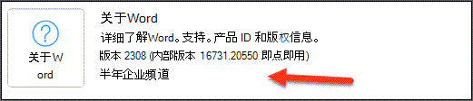 “产品信息”部分的“关于 Word”区域中的半年企业频道指示。