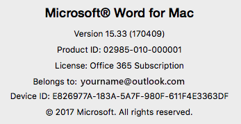 屏幕截图，显示 Word for Mac 上的“关于 Word”页面