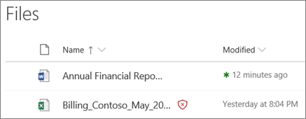 OneDrive for Business中的文件的屏幕截图，其中一个文件被检测为恶意文件