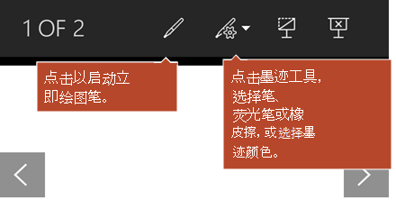 幻灯片放映视图中可用的墨迹工具。