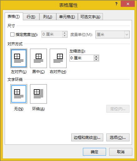 “表格属性”对话框中的“表格”选项卡
