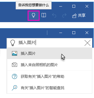 显示“操作说明搜索”文本字段的 Word 功能区