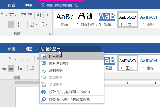 显示 Word 功能区上的“告诉我”搜索框。