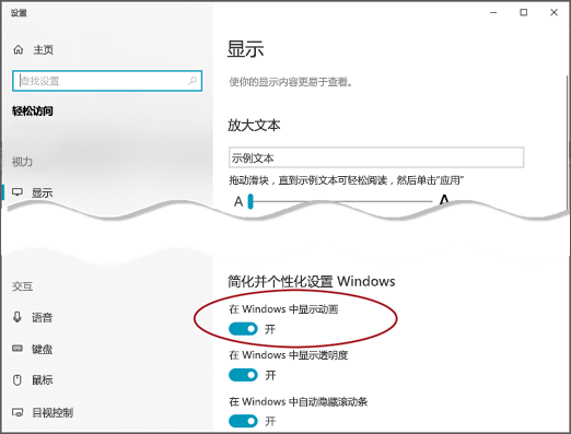 “轻松使用显示”菜单，突出显示了“在 Windows 中显示动画”选项。