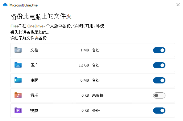 屏幕截图显示用于备份 OneDrive 文件夹的选择对话框