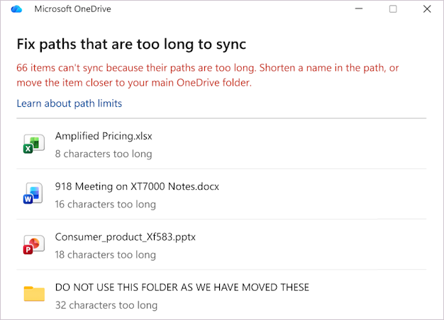 显示 OneDrive 文件路径列表的屏幕截图。