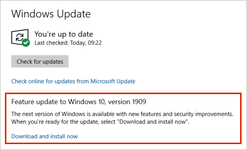 显示功能更新放置的Windows 更新