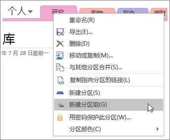 如何在 OneNote 2016 中创建新分区组的屏幕截图。
