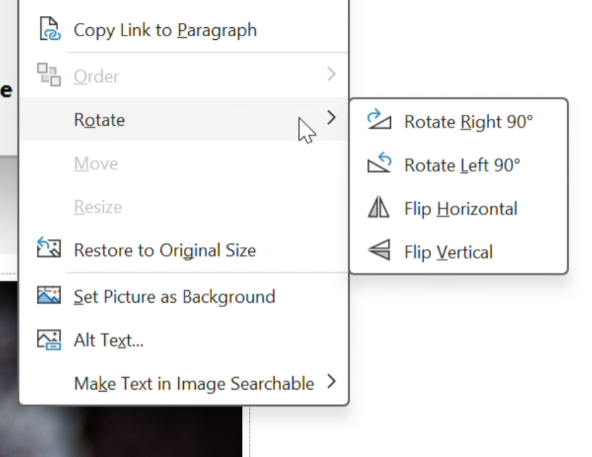 OneNote 中的菜单，其中显示了用于在笔记本中旋转图像的选项