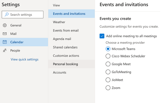 Outlook 网页版 - 选择默认联机会议提供商