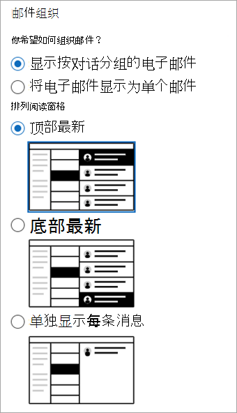 “设置邮件>布局”>部分的屏幕截图，其中显示了“邮件组织”部分