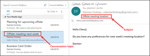 Outlook 在邮件列表中按对话主题对邮件进行分组。