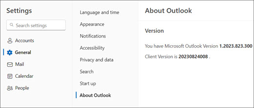 新 Outlook for Windows 版本信息的图像，其中突出显示了“常规”和“关于 Outlook”。