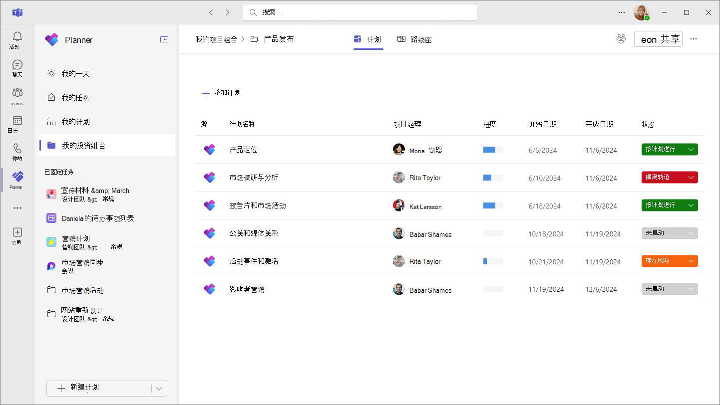 Teams 中 Planner 的屏幕截图，其中显示了添加到新项目组合的计划列表。