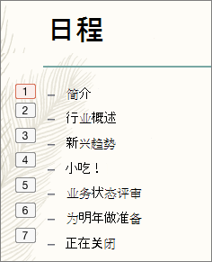 列表中的每个项目符号在左侧的小框中显示动画的顺序