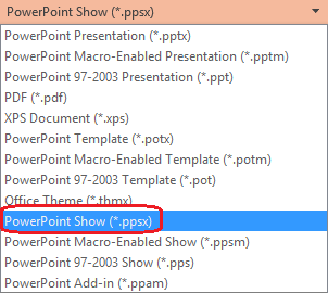 PowerPoint 中的文件类型列表包括 PowerPoint Show (.ppsx) 。