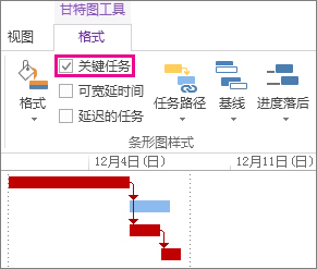 Project 2013 中功能区上的“关键任务”复选框和突出显示的甘特条形图