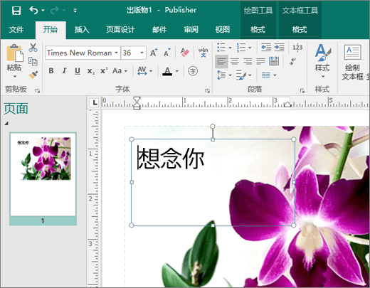 Publisher 文件中页面上文本框的屏幕截图。
