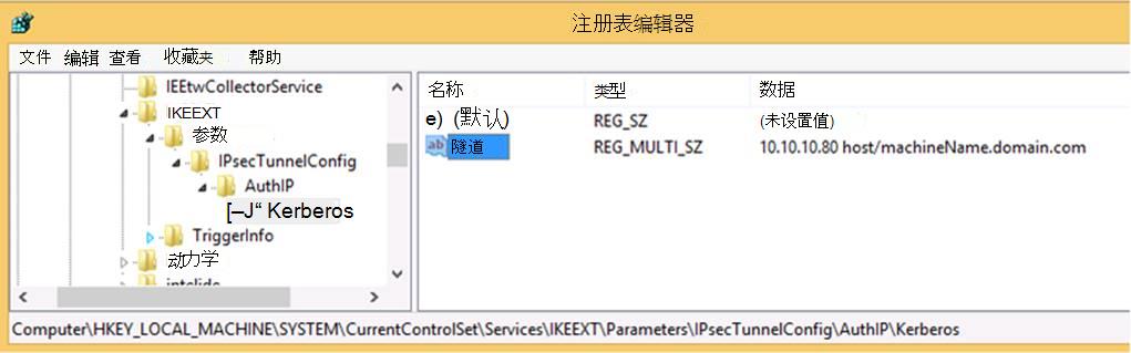 显示 KerbProxy IPsec 隧道证书值的注册表编辑器
