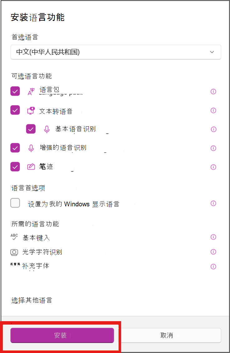 选择语言首选项，然后单击“安装”。