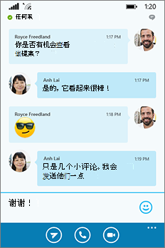 全新的 Windows Phone 版 Skype for Business 外观 -- 对话窗口
