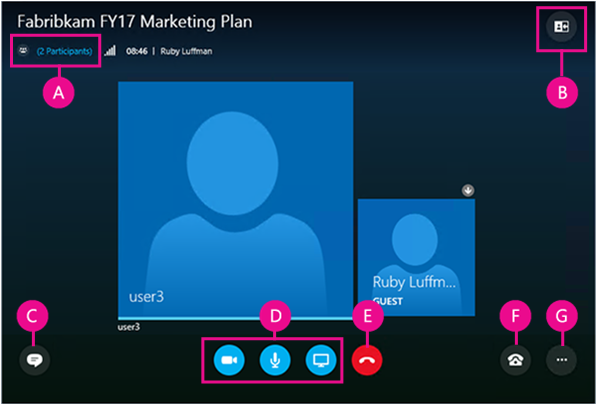 标记了每个用户界面元素的 Skype for Business Web 应用