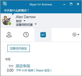 Skype for Business 窗口的“会议”选项卡的屏幕截图。