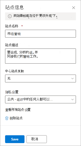 团队网站的网站信息设置选项。