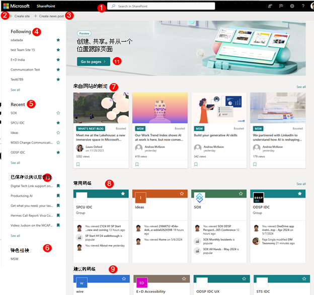 新的 SharePoint 起始页的屏幕截图