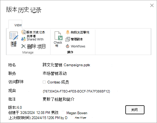 给定文件的版本历史记录对话框。