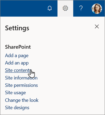 SharePoint 中的“设置”菜单，其中突出显示了“网站内容”