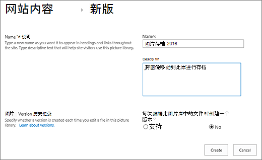 输入名称、说明和可选版本控制