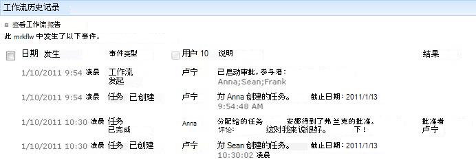 “工作流状态”页的“工作流历史记录”部分