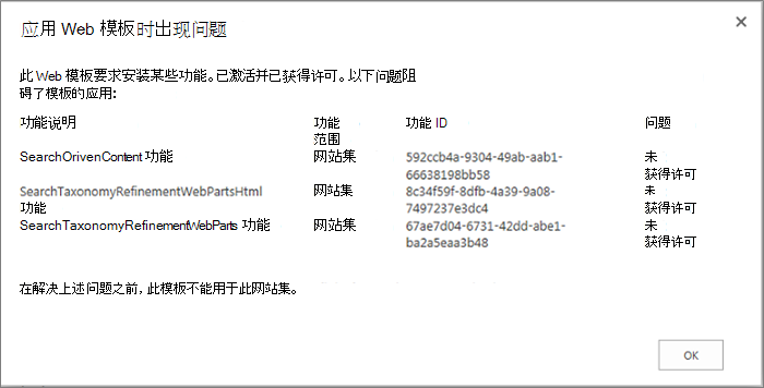 错误消息的屏幕截图，显示当不可用的功能导致无法在 SharePoint Online 中创建网站时可能会收到的错误。