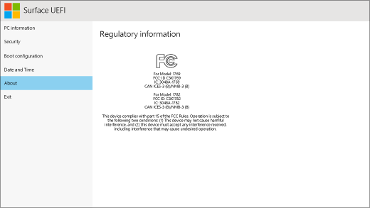 Surface UEFI 的“关于”屏幕