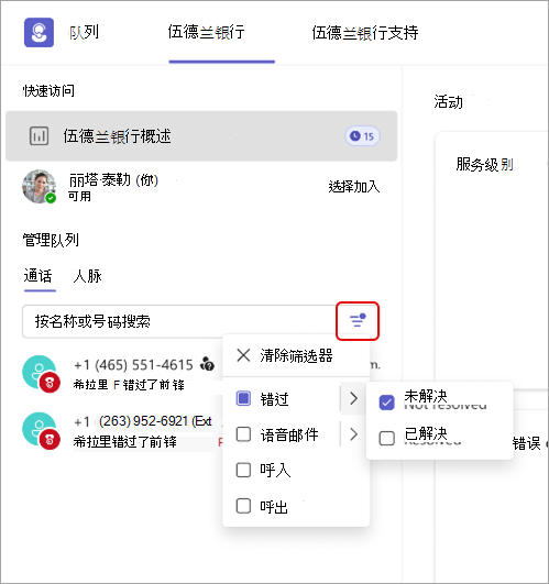 显示队列应用中的呼叫筛选器详细信息的屏幕截图。